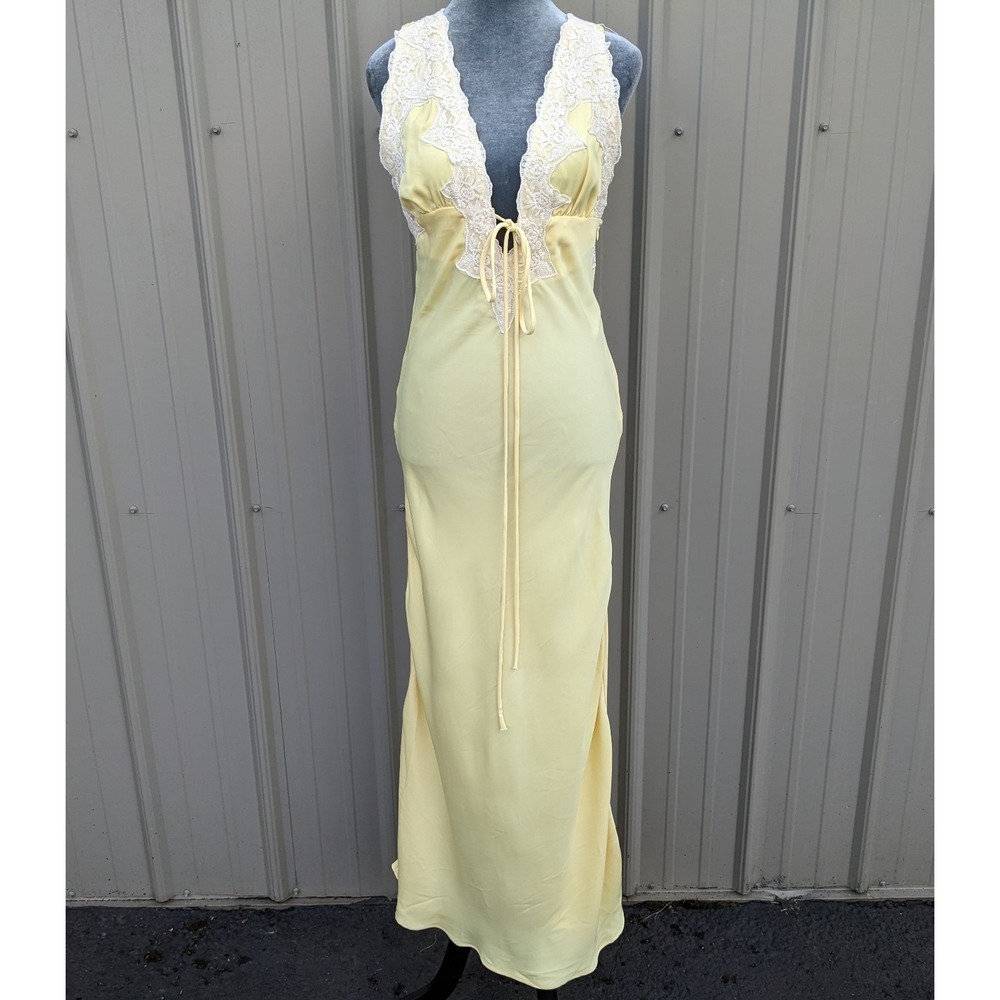 Rumored Venice Satin Maxi Slip Dress S Yellow Lace Bias Cut Romantic Deep V